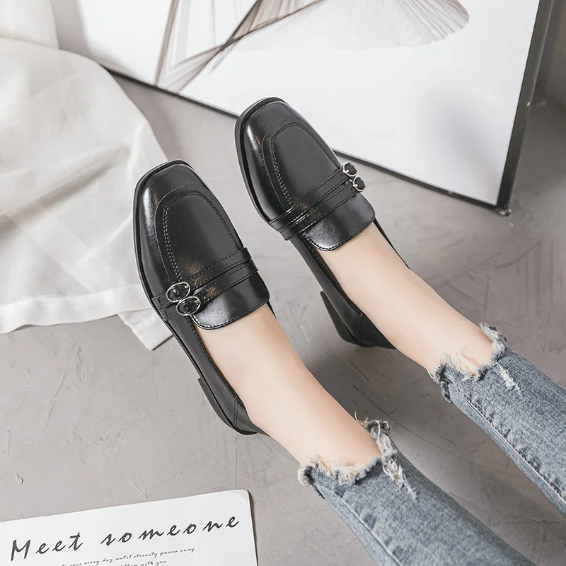 Womens Derby Shoes Autumn Black Flats Female Footwear Casual Sneaker All-Match Loafers With Fur Square Toe Slip-on Leather Fall