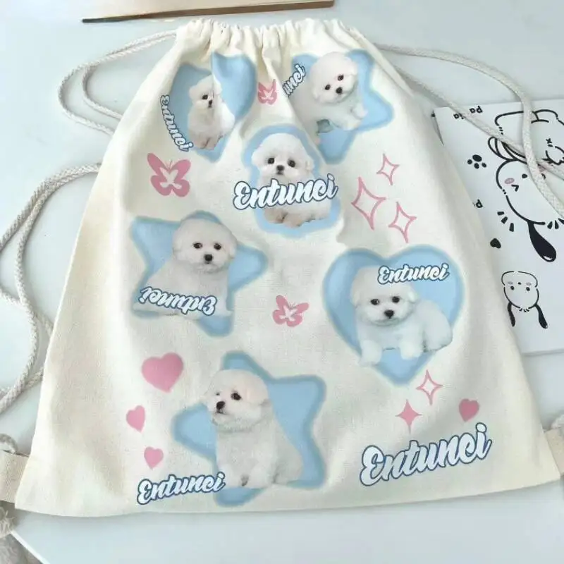 Women Vintage Cartoon Cute Heart Dog Schoolbags Korean Sweet Fashion Trendy Canvas Bags Y2k Aesthetic Kawaii Backpacks All Match