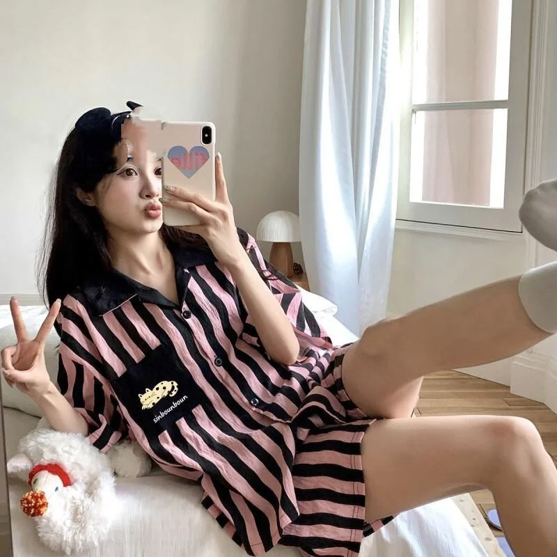 Women's Pajama Set Fashion Homewear Princess Korean Contrast Striped Lightweight Summer Short Sleeve Shorts Pajamas Cute Kitten
