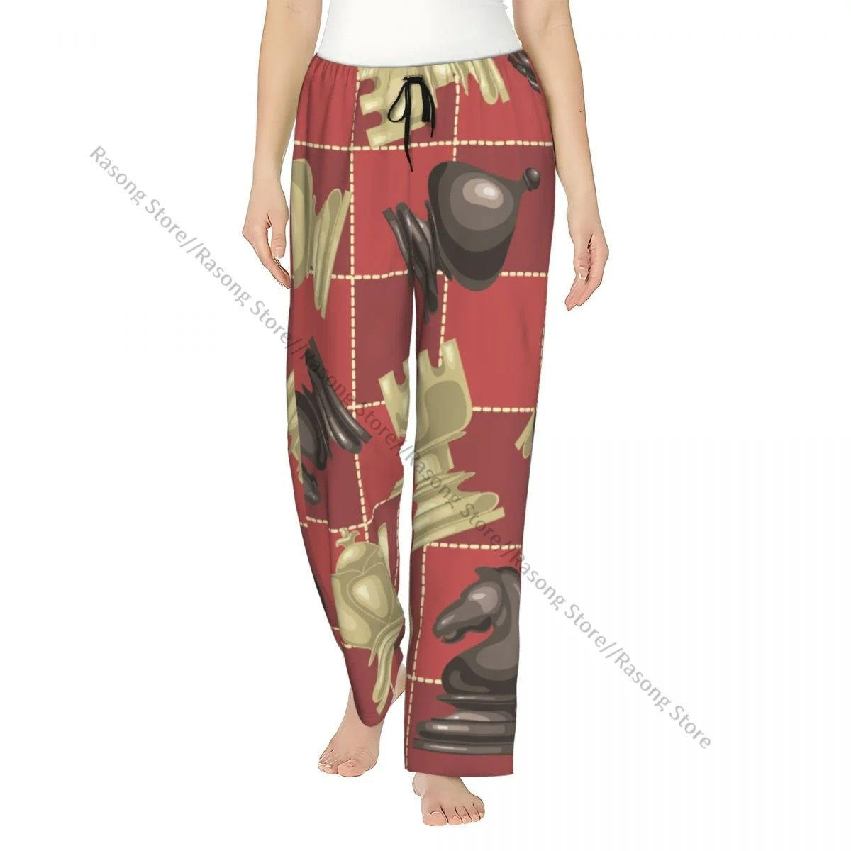 

Chess Pieces On Chessboard Flannel Pajama Pants for Women Soft Warm Sleep Pants with Elastic Waistband