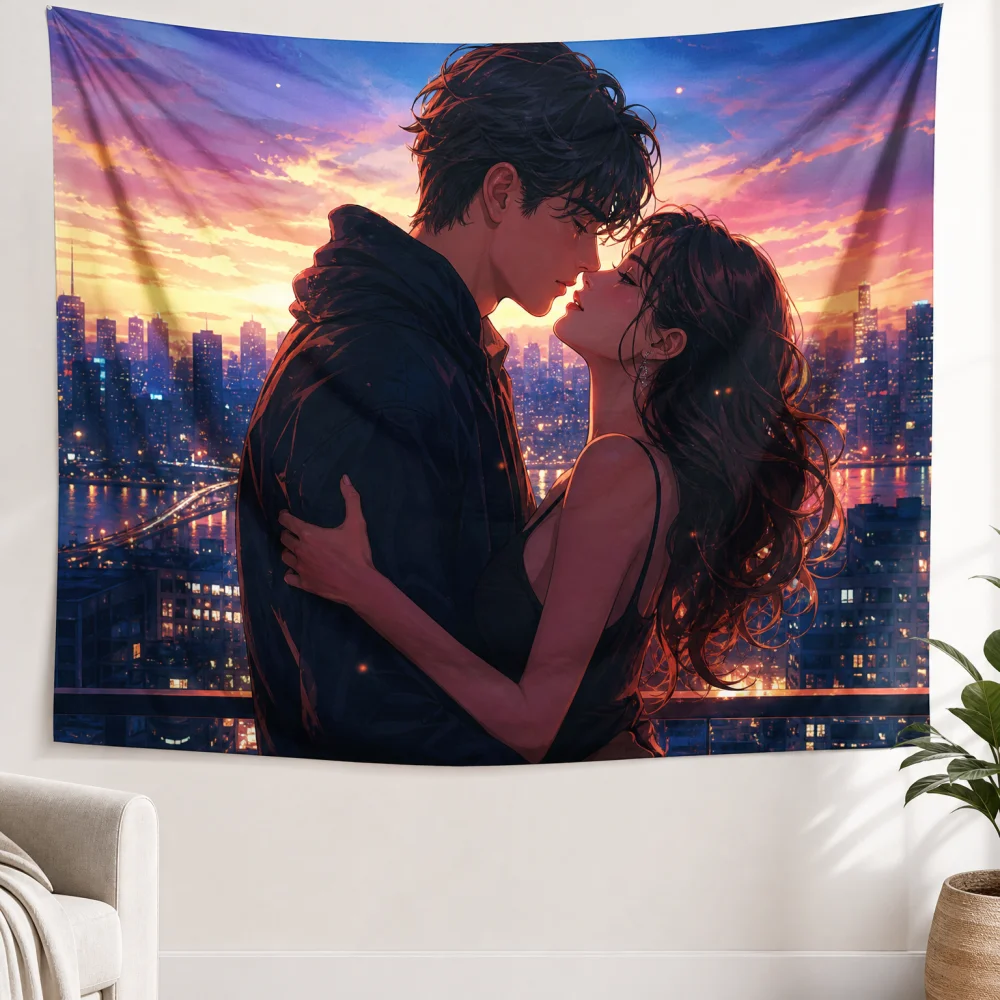 City roof purple pink sunset couple 150X100CM customizable tapestry couple bedroom romantic atmosphere wall background fabric
