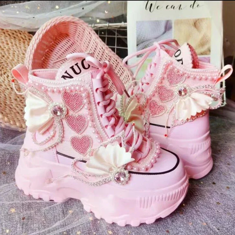 Women's 3D Butterfly Flower Decor High Top Chunky Platform Dad Shoes Lace Up Height Boost Cute Casual Footwear Drop Shipping