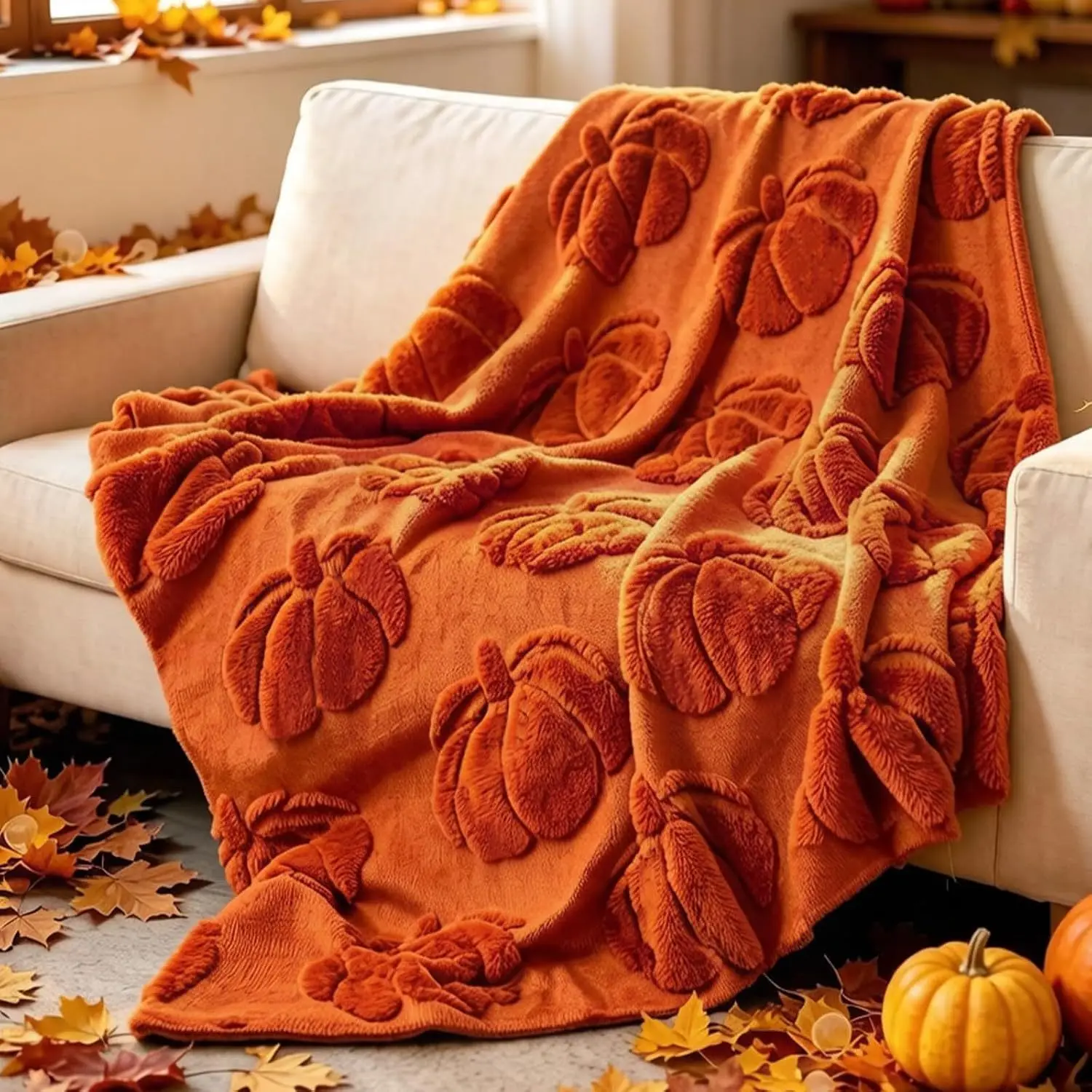 3D Raised Pumpkin Plush Throw Blanket Fall Harvest Farmhouse Decor Soft Fuzzy Blanket for Sofa Bed Halloween Thanksgiving Gift