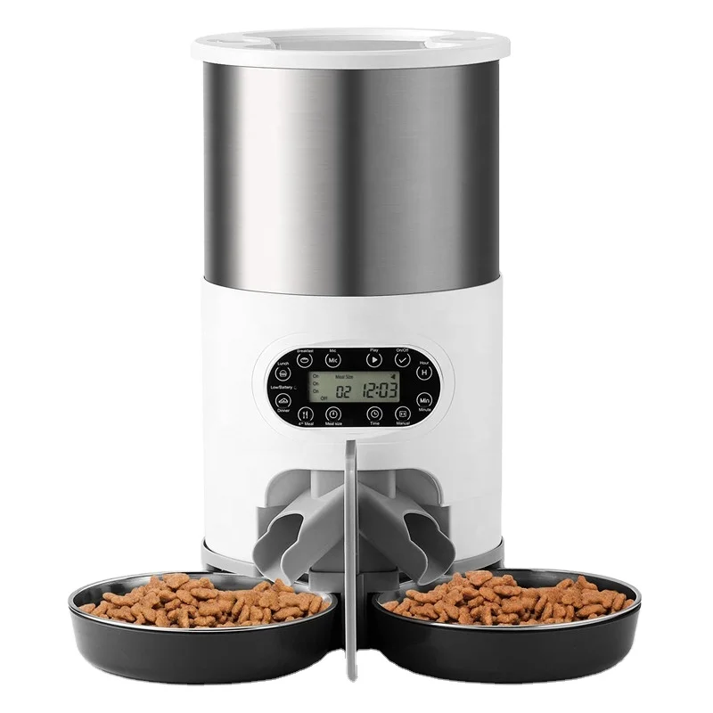 

Pet Food Dispenser Automatic for Cat with Two-Way Splitter and Double Bowls Automatic Dog Feeder