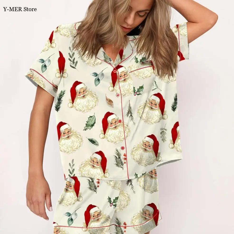 Black Print Santa Claus Pajamas Suit Women Satin Loungewear Big Size 5Xl Sleepwear Loose Pyjamas Femme Nigtwear Ice Silk Pjs