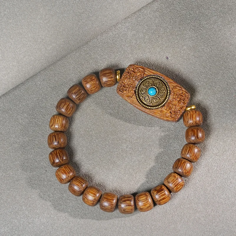 White Qi Nan Agarwood Rotating Bead Bracelet, Zen-Inspired Handheld Couple's Accessory, Buddhist Style Barrel Beads