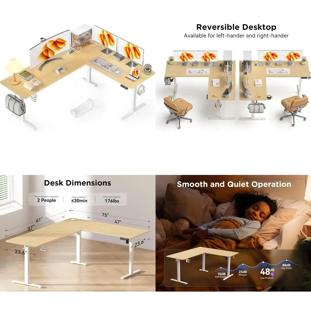 Electric Height Adjustable Reversible L-Shaped Desk with Cup Holder, Corner Computer Workstation for Home Office Use