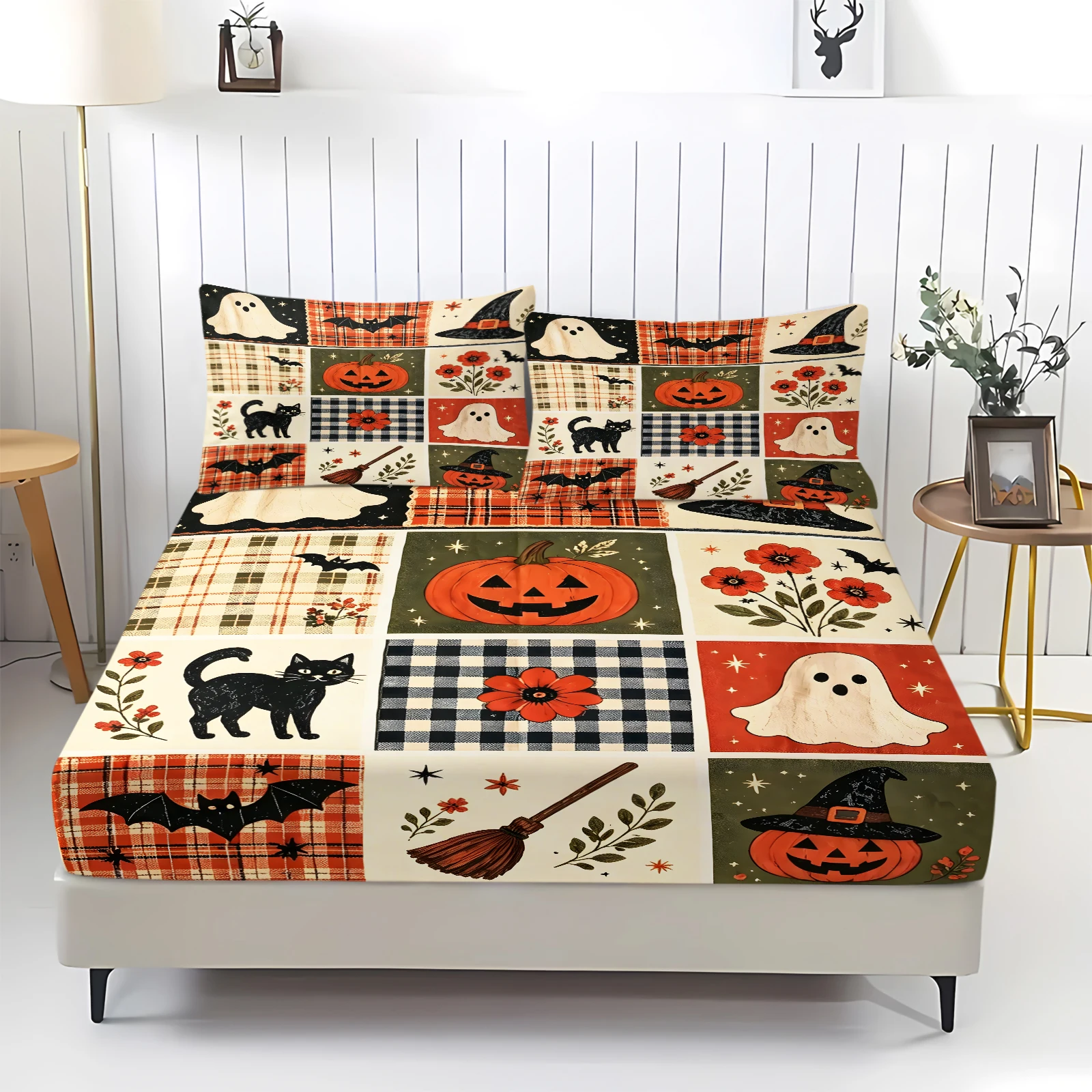 3Pcs Halloween Patchwork Fitted Sheet Set Retro Plaid Pumpkin Ghost Black Cat Print Bed Sheet Set Soft Polyester Mattress Cover