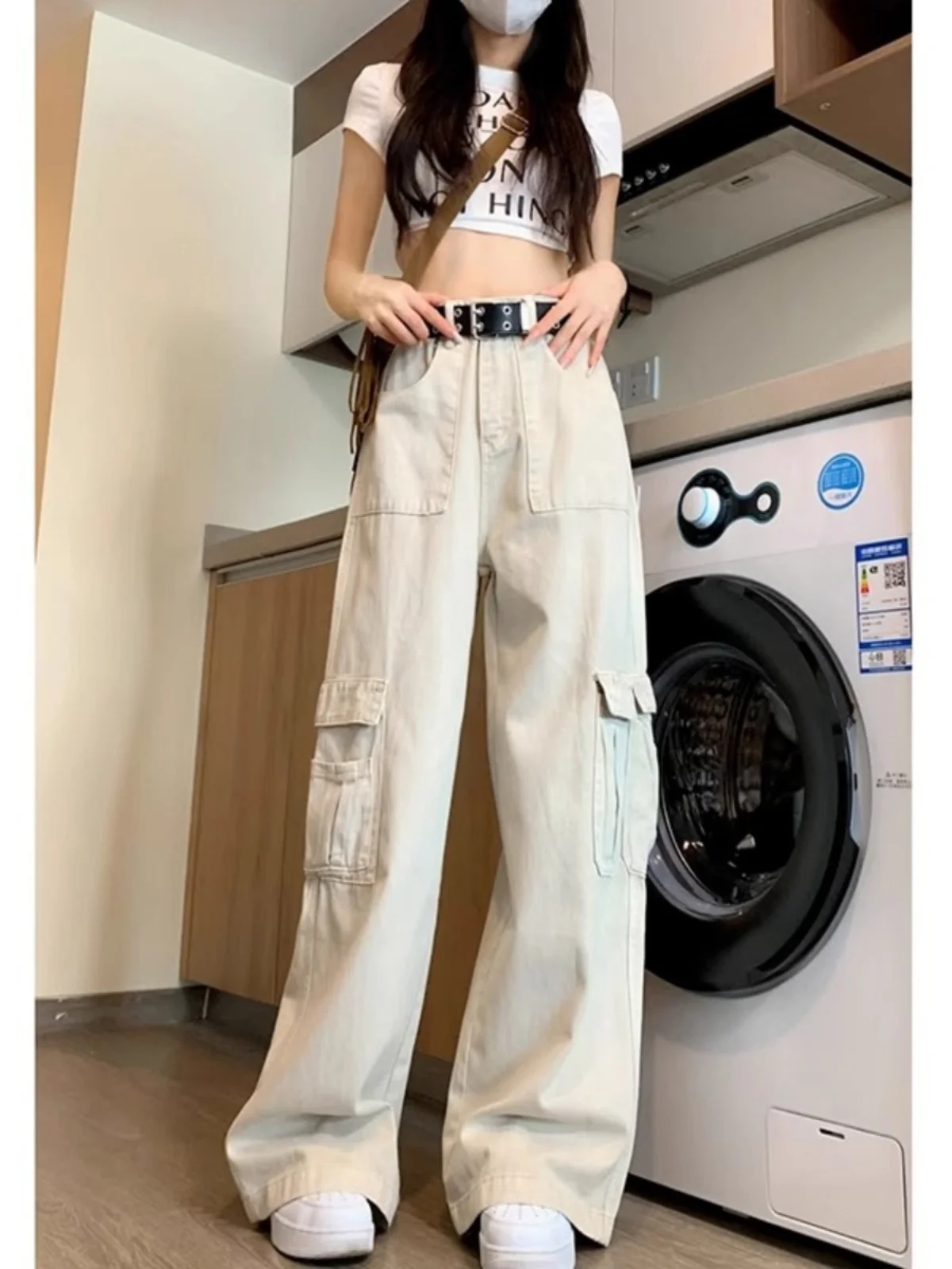 American sle workwear jeans cintura alta perna reta emagrecimento calças de perna larga primavera outono feminino faion casual denim