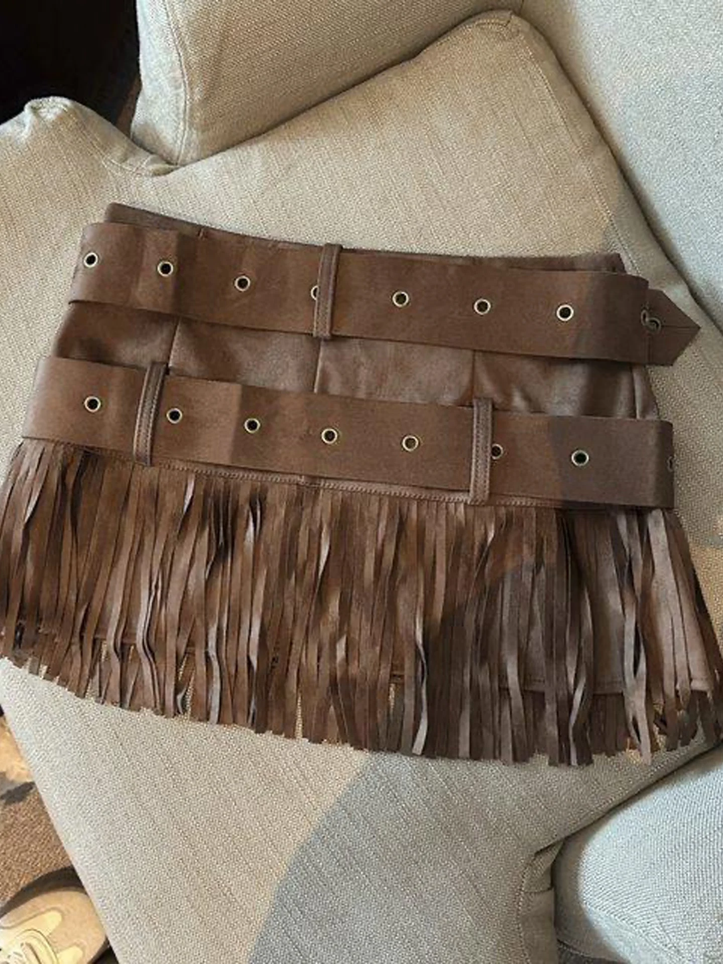 American Style Worn-In Suede  Skirt Women's New Autumn Double Belt Fringe Street Fashion Bodycon Skirt High Waist PU Leather