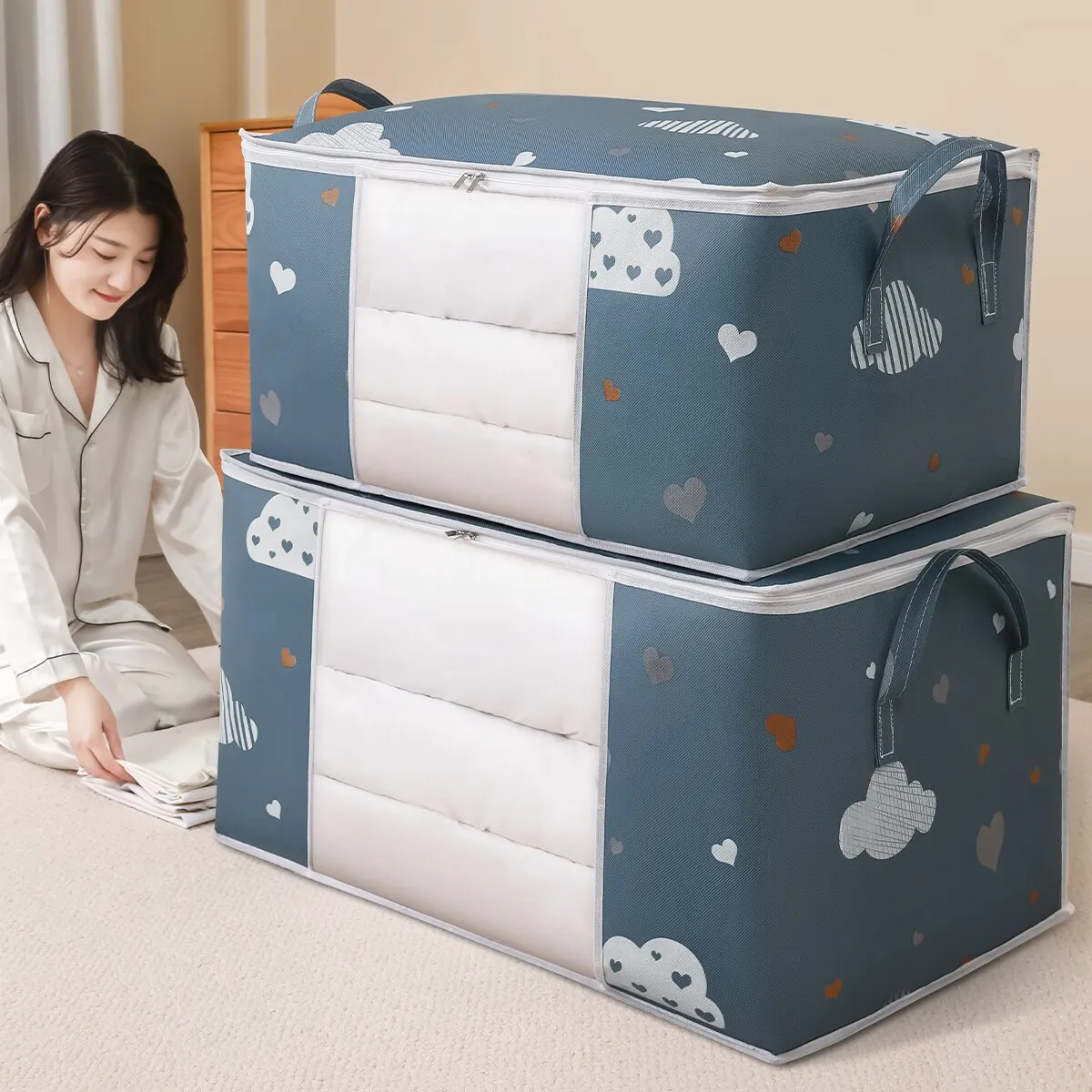 

Large Capacity Clothes Storage Bag Organizer With Reinforced Handle Suitable For Blankets Bedding Foldable With Sturdy Zipper