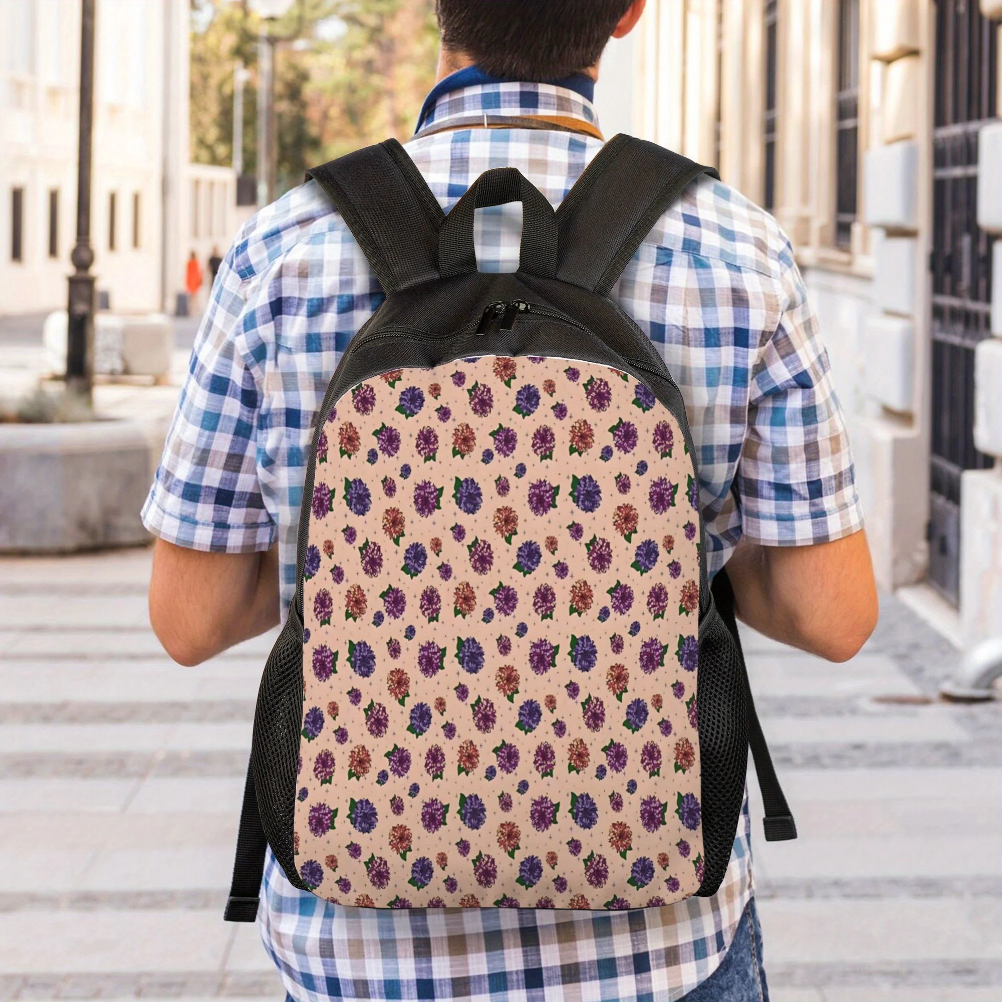 

Large-capacity middle school student backpack with multi-color floral prints (daisies) and peach black color scheme