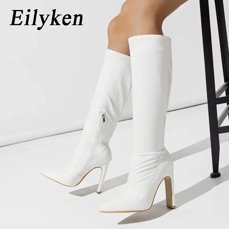 

Eilyken Concise Chunky High Heels Pointed Toe Woman Knee-High Boots Shoes Autumn Winter Zipper Ladies Fashion Pumps