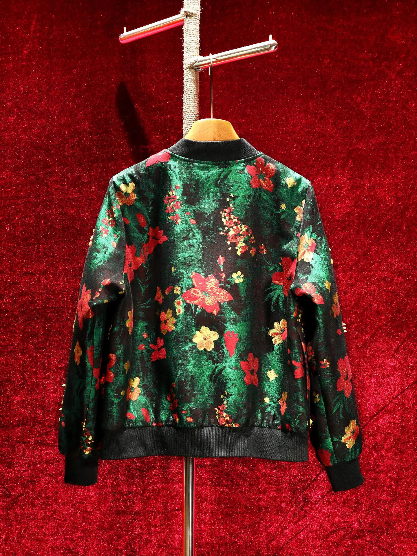 High Quality New Autumn Green Jacquard All-match Zip Cardigans Coat Age Reduction Beads Sequins Stand Collar Baseball Jacket