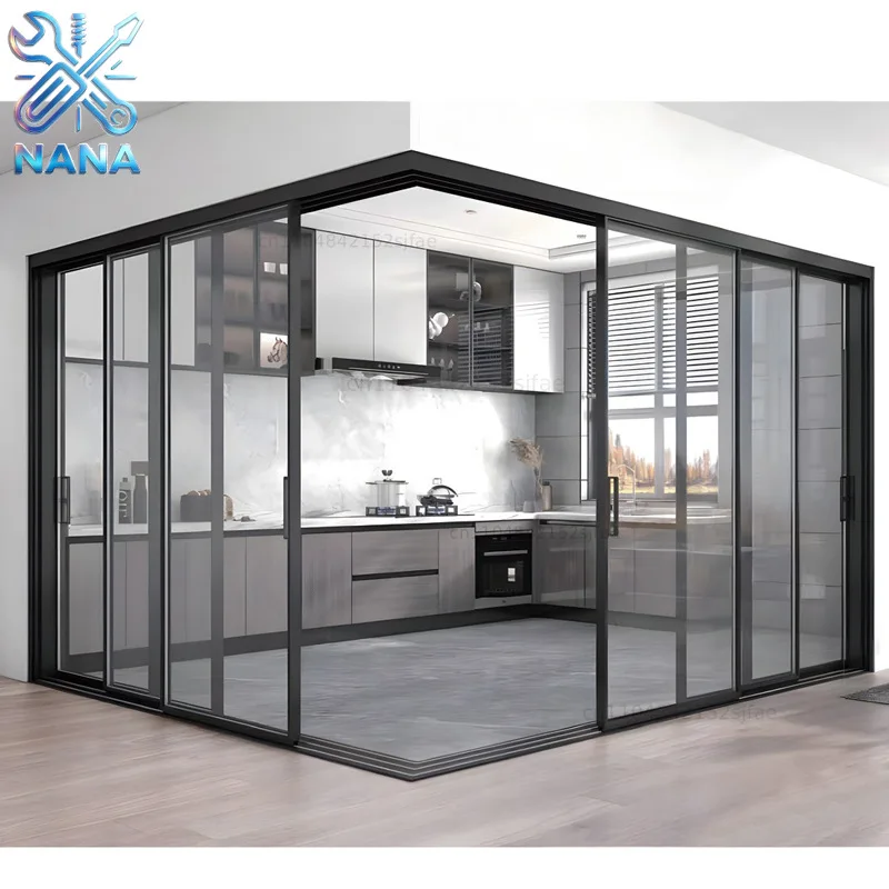 Modern Minimalist Kitchen Balcony Three Linkage Ground Rail Sliding Door Aluminum Alloy Partition Tempered Glass Sliding Door