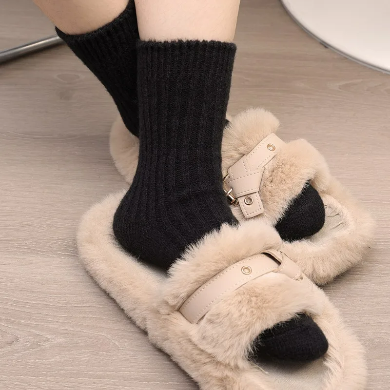 Winter Cashmere Women's Socks for Warmth and Cold-proof Girl Solid Colors Stocking Indoor Home Floor Sox Autumn Hosiery 1/2Pairs