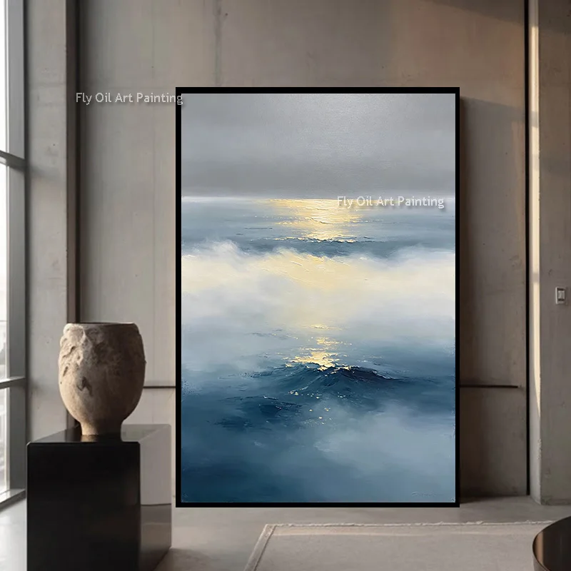 Modern Beautiful Orange Yellow Seaside Sunset Oil Painting New Fashional Design Blue Mountain White  Cloud Landscape Wall Decor