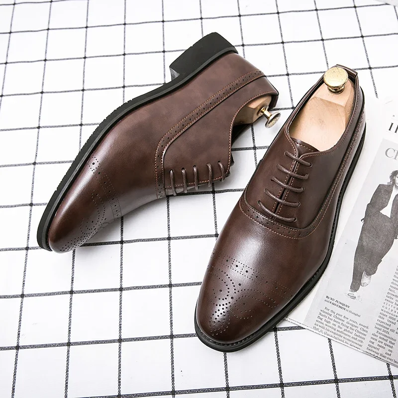 Oxfords Shoes for Men Brown Black Business Lace-up Pu Office Brogue Dress Shoes Zapatos De Vestir Hombre Mens Shoes