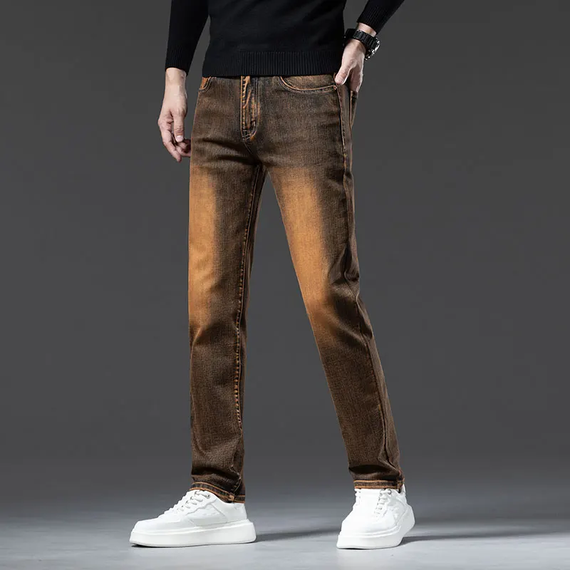 Winter Super Thick Fleece Warm Brown Jeans Classic Embroidered Business Casual Men's Fit Straight Cotton Stretch Quality Pants