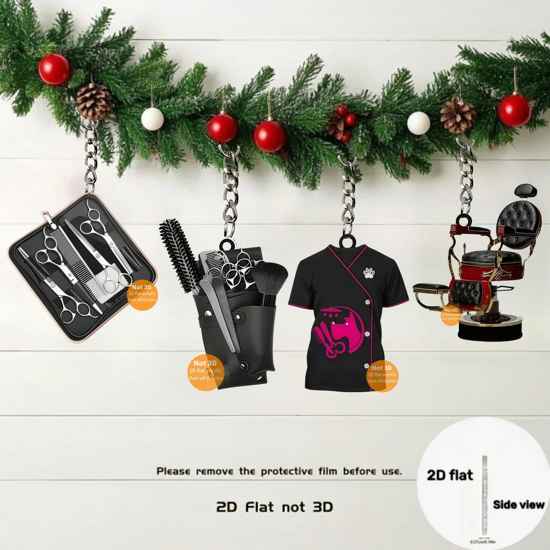 Hairdresser Equipment Pendant Keychain Coiffeur Themed 2D Flat Acrylic Ornament Charms Hanging Decoration for Car Bag Party Gift