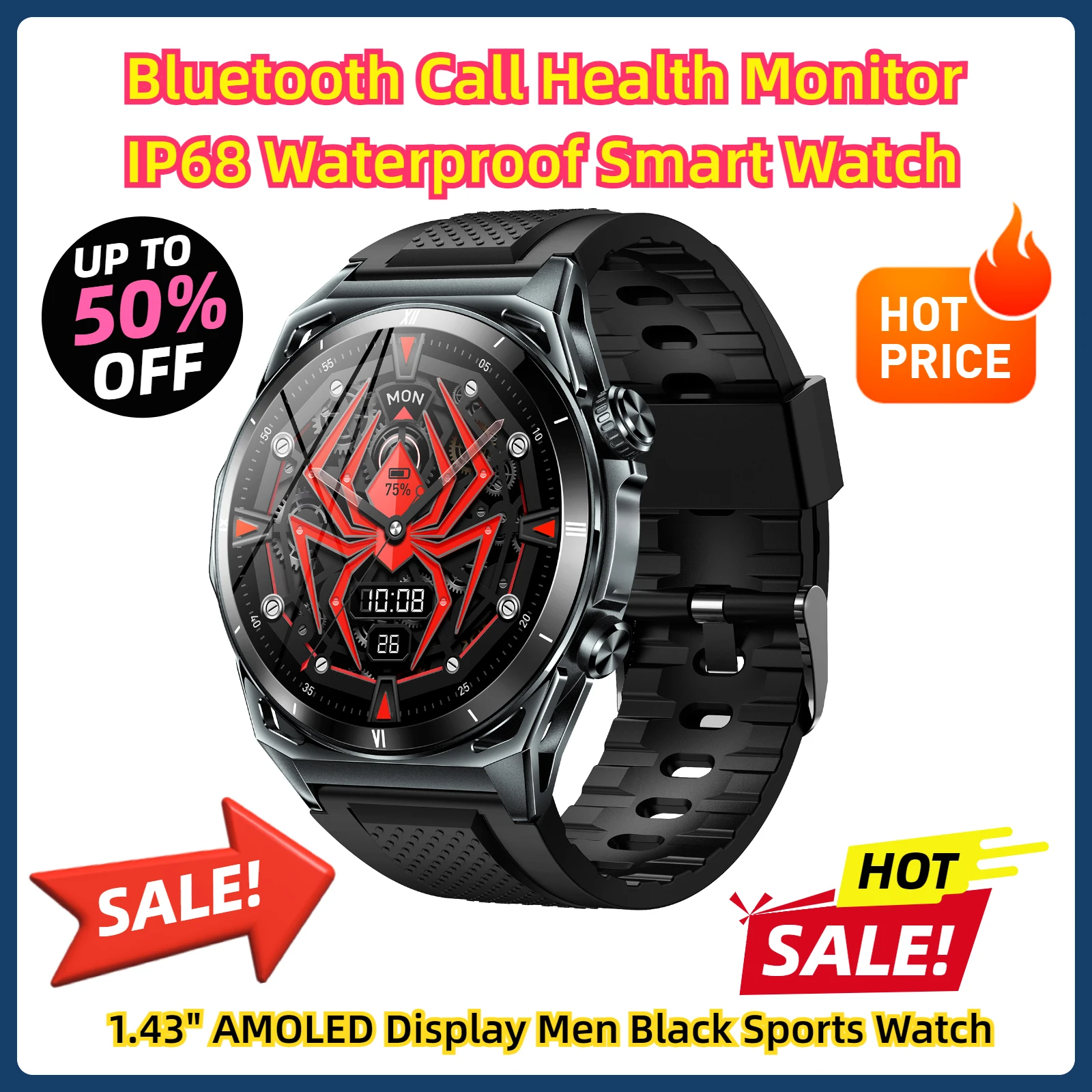 

Bluetooth Call Health Monitor IP68 Waterproof Smart Watch 1.43" AMOLED Display Men Black Sports Watch