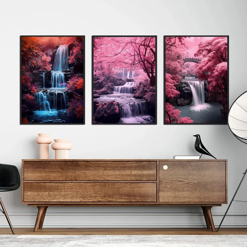 Natural Landscape Sakura Trees Waterfall Print Poster Cherry Blossom River Wall Art Picture Canvas Painting Living Room Decor