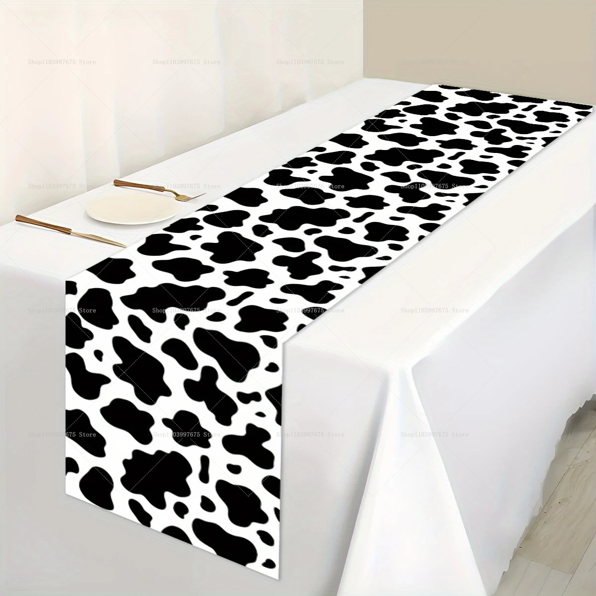 Cow Texture Polyester Table Runner Cowboy Party Decor Reusable Farmhouse Kitchen Dining Table Runner Kids Birthday Party Decors