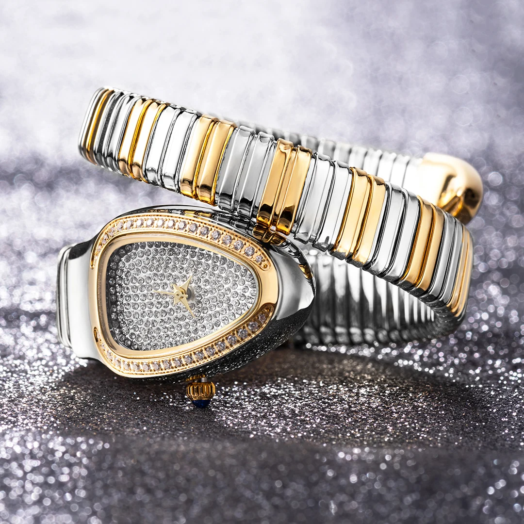 Hot Sale Snake Watch for Women Luxury Diamond Dial Stainless Steel Quartz Wristwatch Fashion Lady Dress Jewelry Relogio Feminino