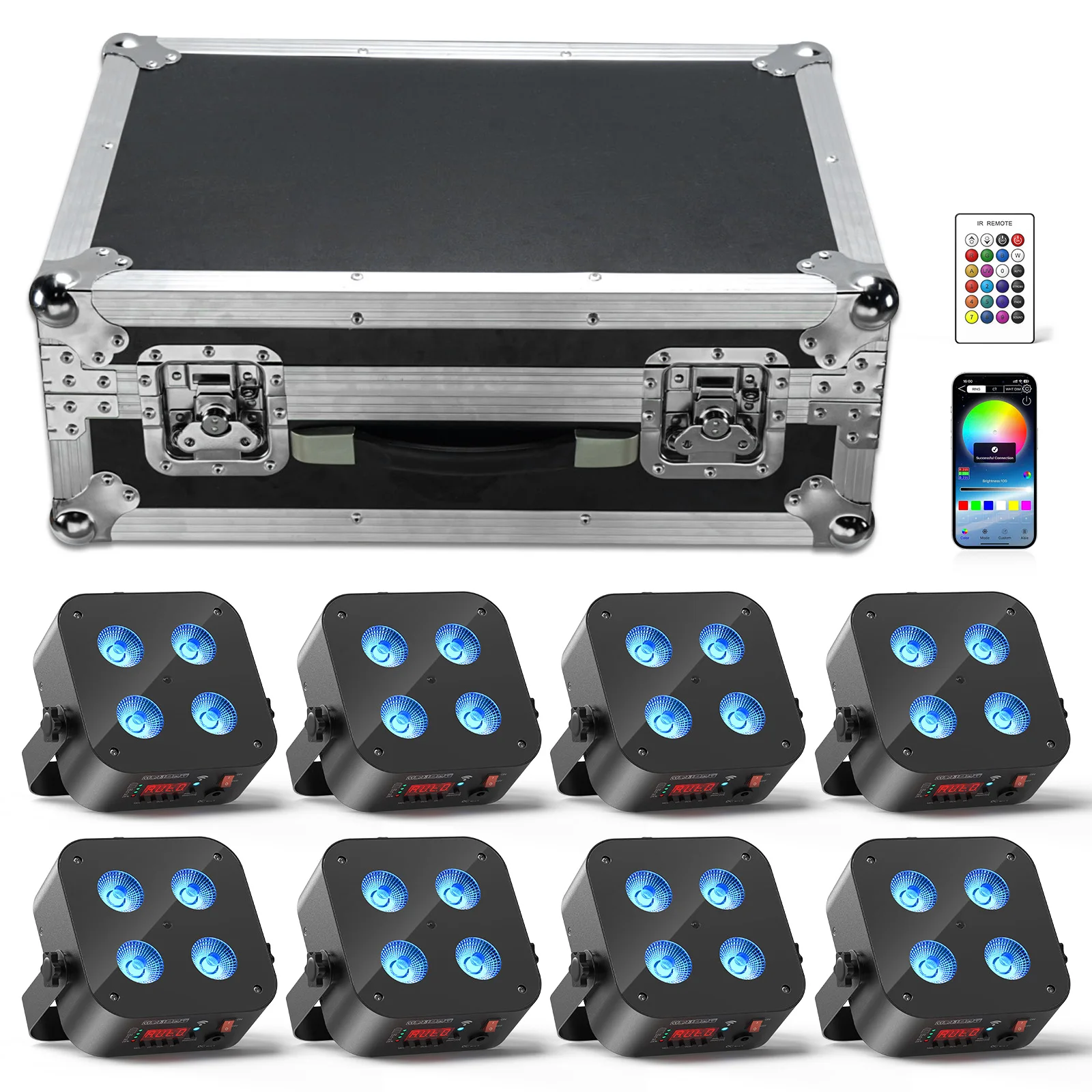 8pcs With Flight Case 4X18W Wireless Stage Par Light Battery Powered Uplight LED RGBWA UV 6in1 Rechargeable Uplights
