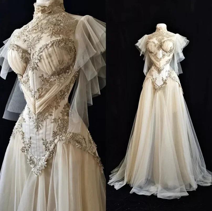 Vintage Medieval Wedding Dress Champagne Lace Appliques Tulle A-Line Corset Bridal Gowns Customized Vestidos De Novia
