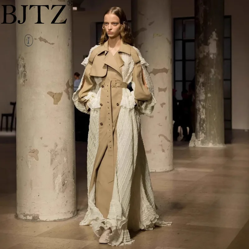 BJTZ Niche Lace Splicing Design Blazer Luxury Sense 2025 Spring Women Highend Belted Jacket Slim Long Irregular Suit Trench Coat