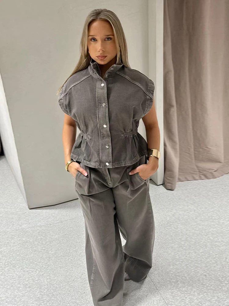 

2026 Summer Women Pant Set Sleeveless Stand Collar Single Breasted Female Tank Long Wide Leg Pant High Street Outwear Suit