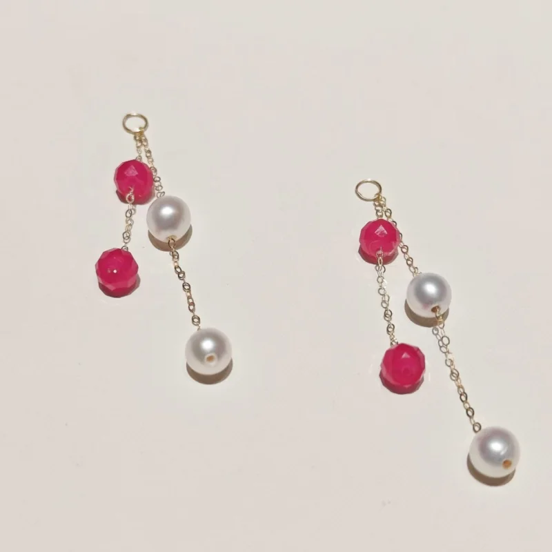 Authentic 18K gold natural freshwater pearl ruby earring accessory DIYAu750 women's boutique jewelry gift w10003