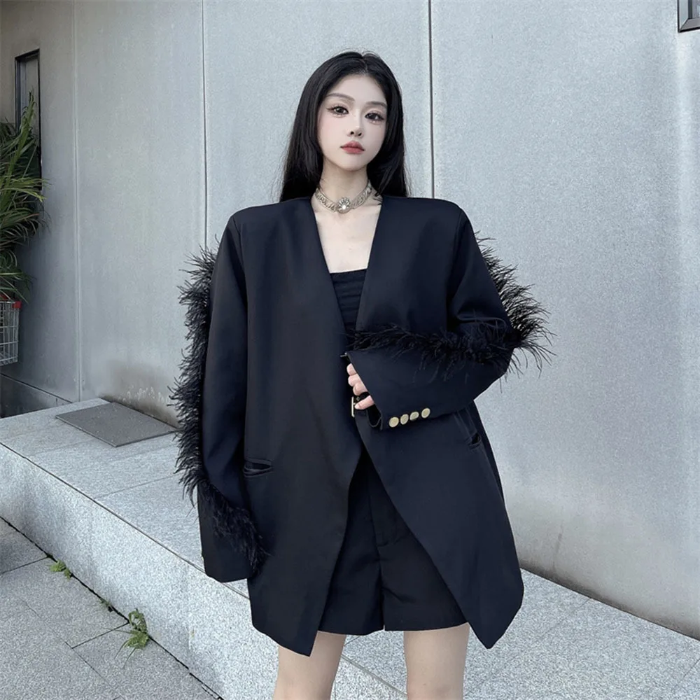 Woman Suit Jacket Vintage V-collar Feather Tassel Splice Blazer Coat Black Loose Female Long Sleeve Fur Patchwork Outerwear Lady