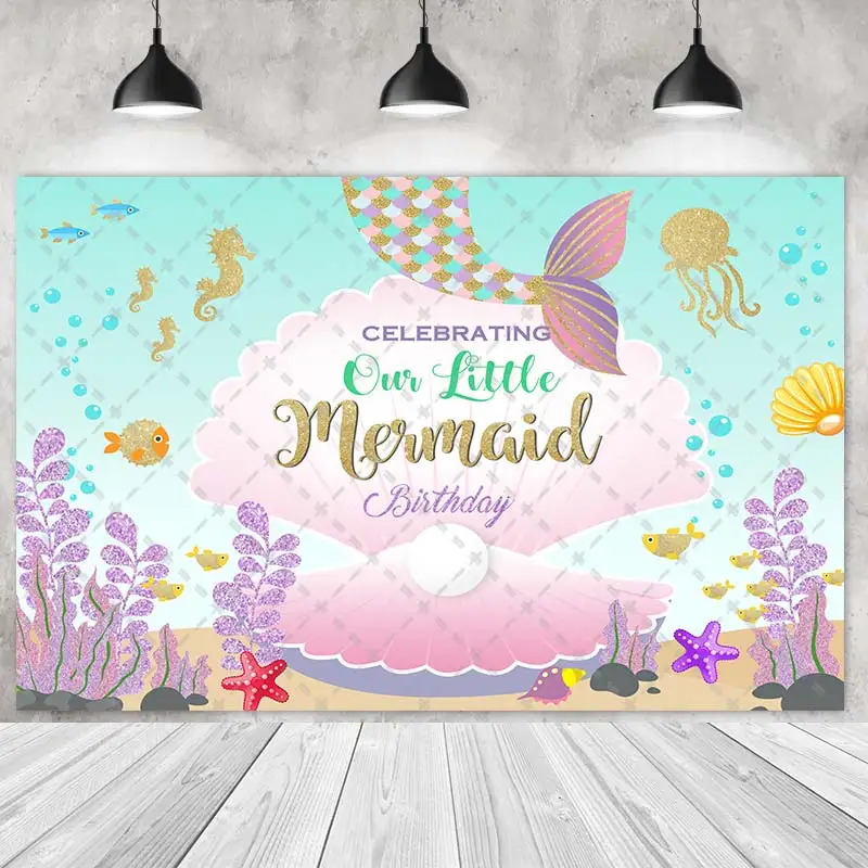 Under The Sea-Mermaid Party Backdrops Girl Birthday Photography Cake Smash Pearl Scallops Background Shoot Customize Name Photo