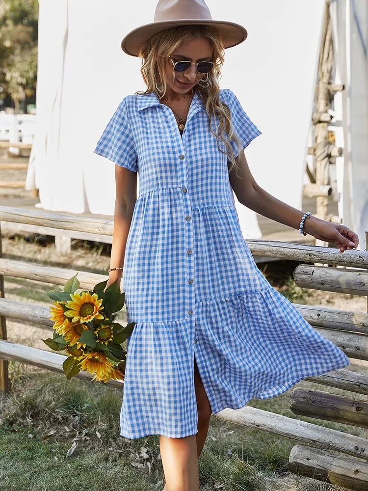 

Summer New Vintage Plaid Printed Shirt Dresses Women Casual Loose Holiday Plaid Beach Midi Dress Women Sundress Robe Vestidos