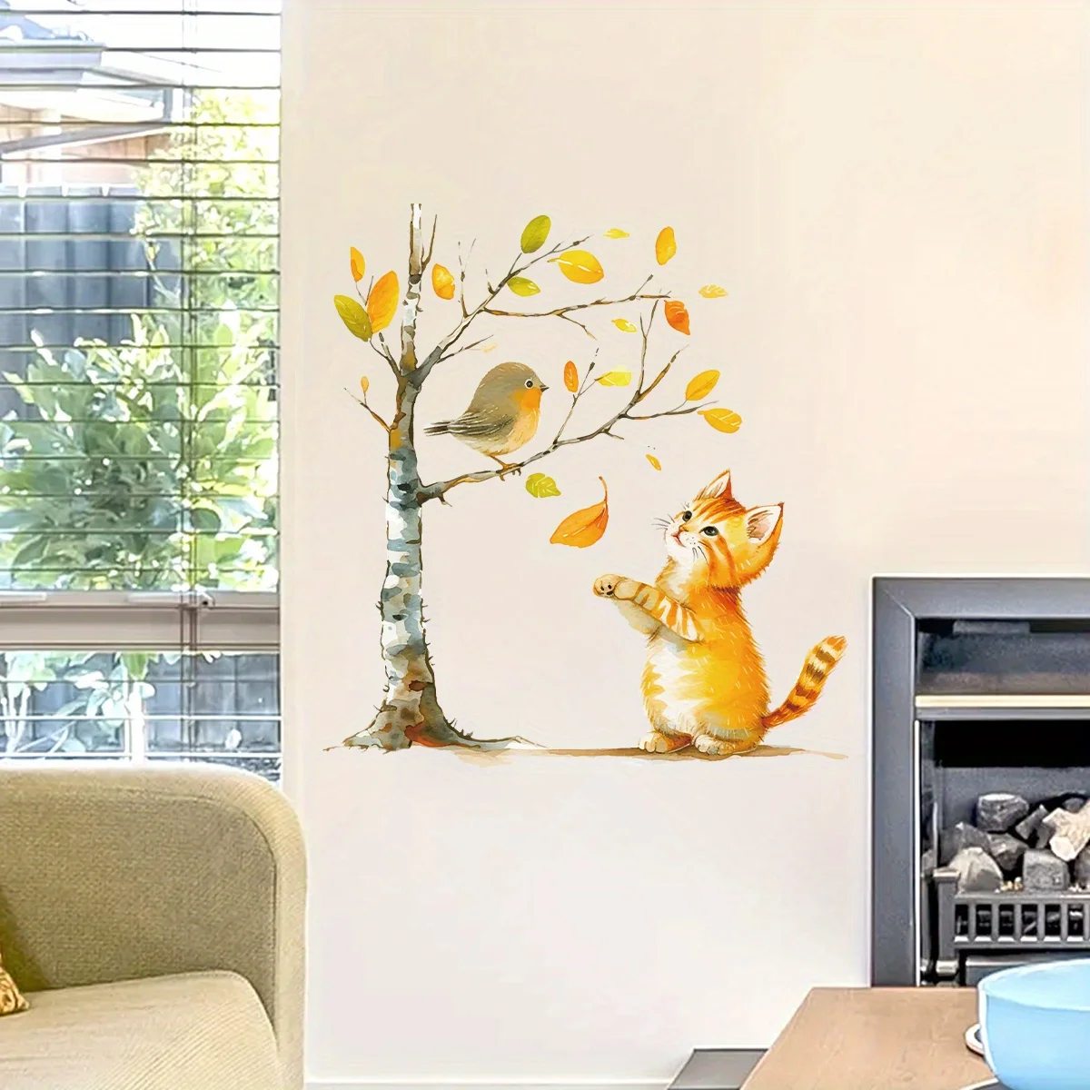 1Pc Watercolor Cute Cat Tree Furniture Wall Stickers Removable for Bedroom Decoration Living Room Kids Room Decor Wall Decals