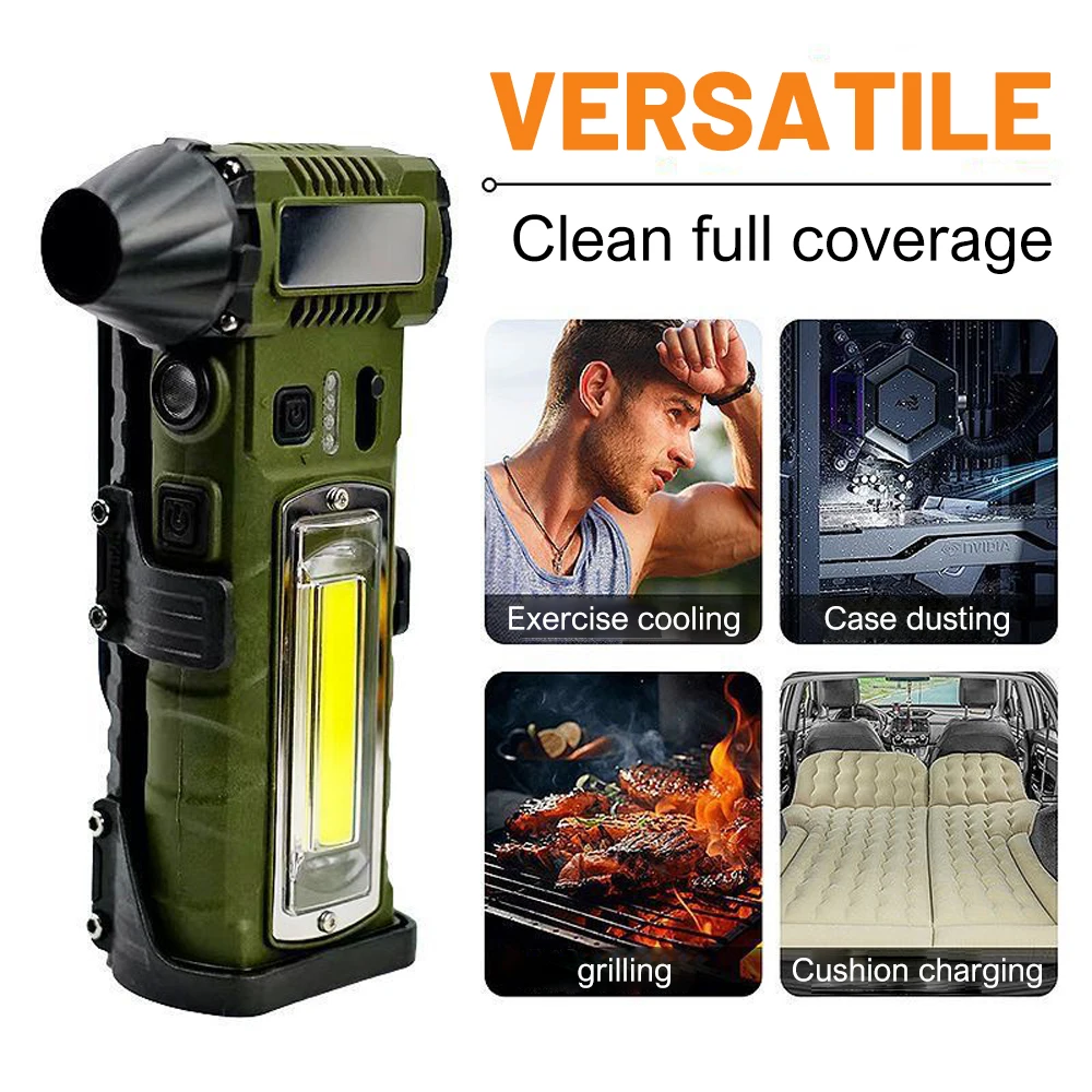 4in1 130000RPM jet blower Handheld Brushless Turbofan with COB Flashlight &Rope cutter Outdoor camping Hair Dryer Cleaning Tool