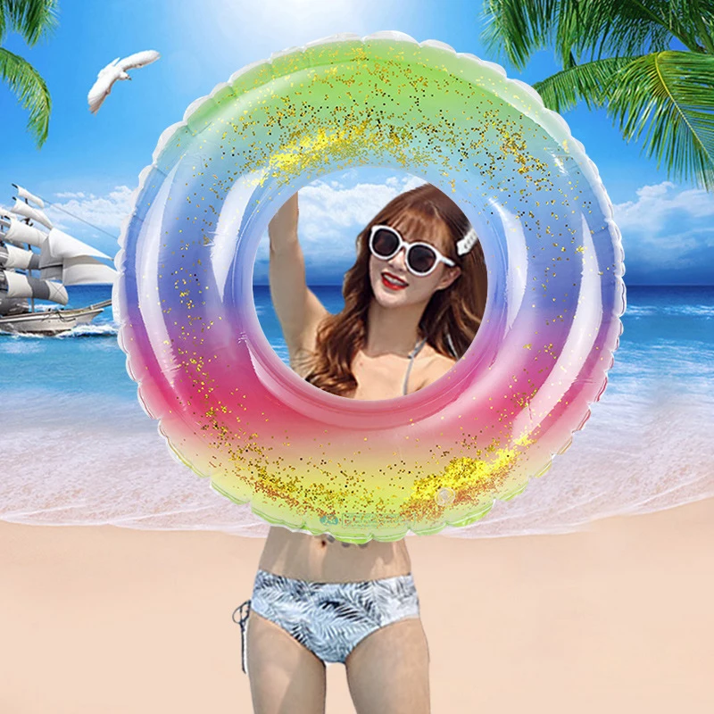 Adult Swimming Ring Inflatable Toy Floating Ring Kids Rainbow Sequin Glitter Swimming Circle Women Swim Pool Party Photo Props
