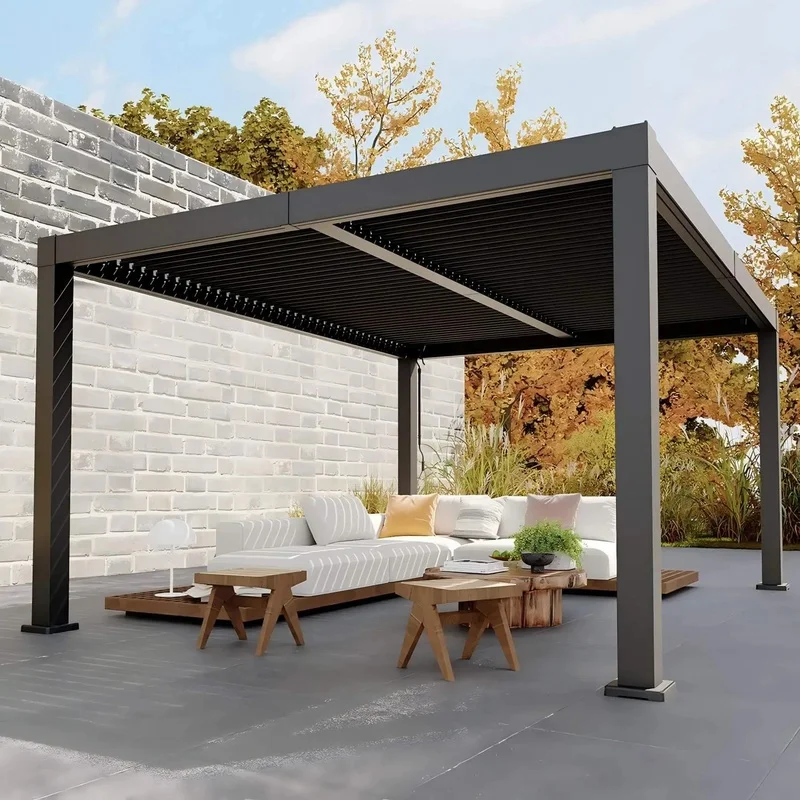Pergola with Roof Aluminum Structure White Adjustable Louver System All Weather Balcony LED Lighting