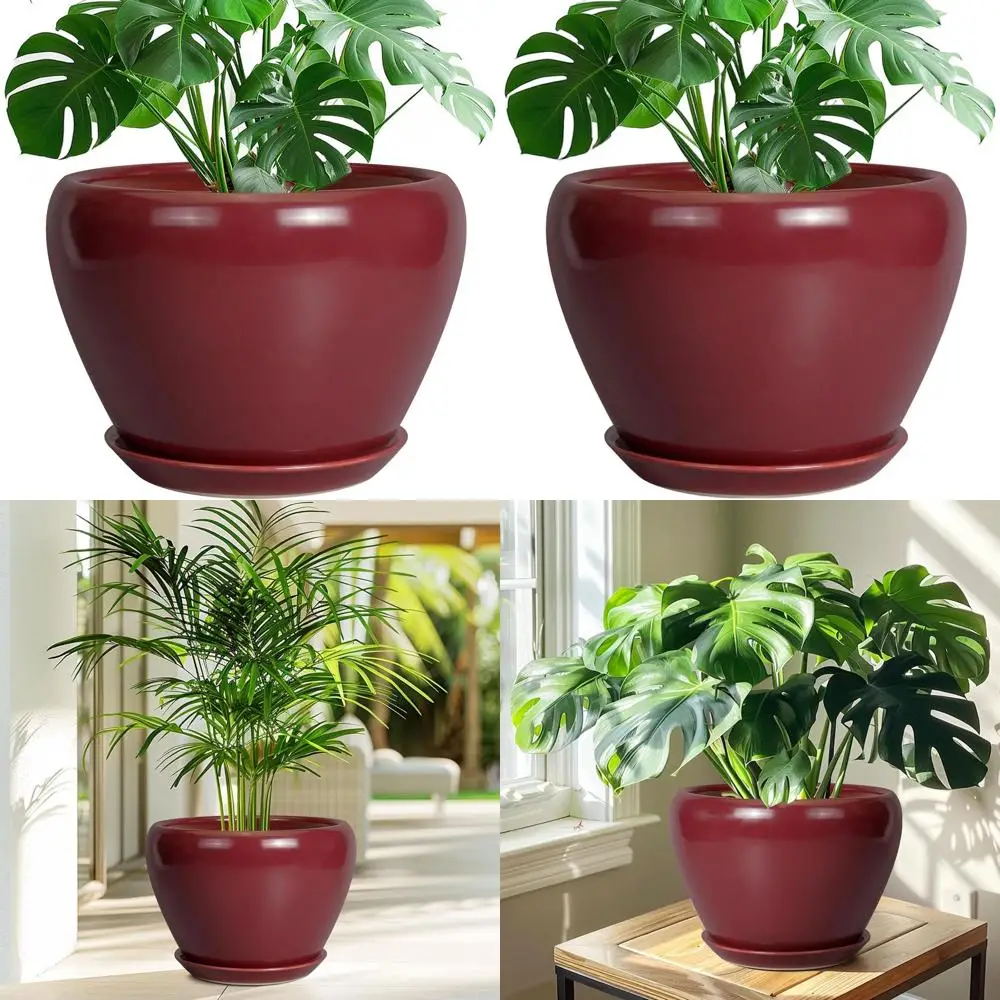 

10 Inch Round Plant Pot with Drainage Hole and Saucer for Large Indoor or Outdoor Plants, Red
