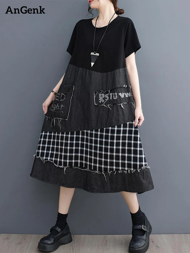 

Denim Patchwork Plaid Print Dresses For Women Short Sleeve Fashion Pocket Loose Casual Midi Dress Elegant Clothes Summer 2023