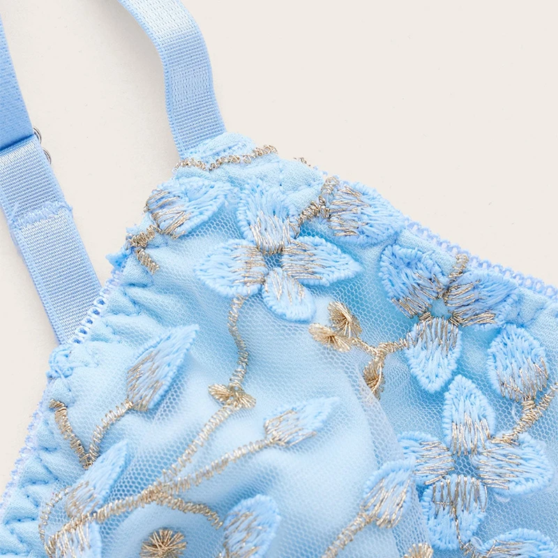 Women Blue Camisole Vest Bra Embroidery Flower Corsets Slim Fit Versatile Lady Corset Top Sexy Lace Rayon Ultra-Thin Thick Bra