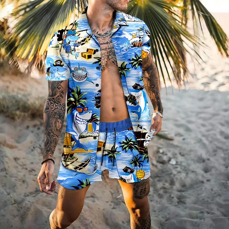 Cárdigan Hawaiano para hombre, conjunto de 2 piezas, camisa de manga corta con botones y estampado 3D, pantalones cortos de playa para vacaciones,