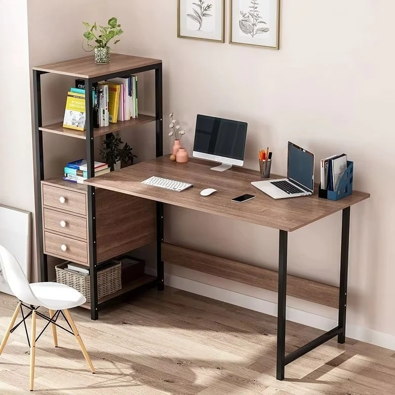 Modern Glass Integrated Writing Desk with Side Storage Cabinet and Open Shelves Easy Assembly Versatile Office Furniture