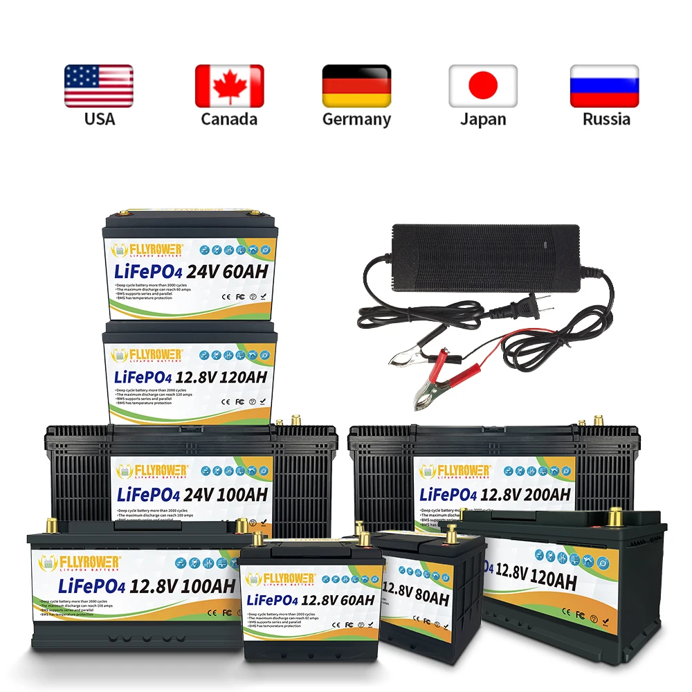 FLLYROWER LiFePO4 Battery 12V 30Ah 80Ah 120Ah 200Ah Grand A Cells Lithium Iron Phosphate Bulit-in BMS Rechargeable For Boat RV