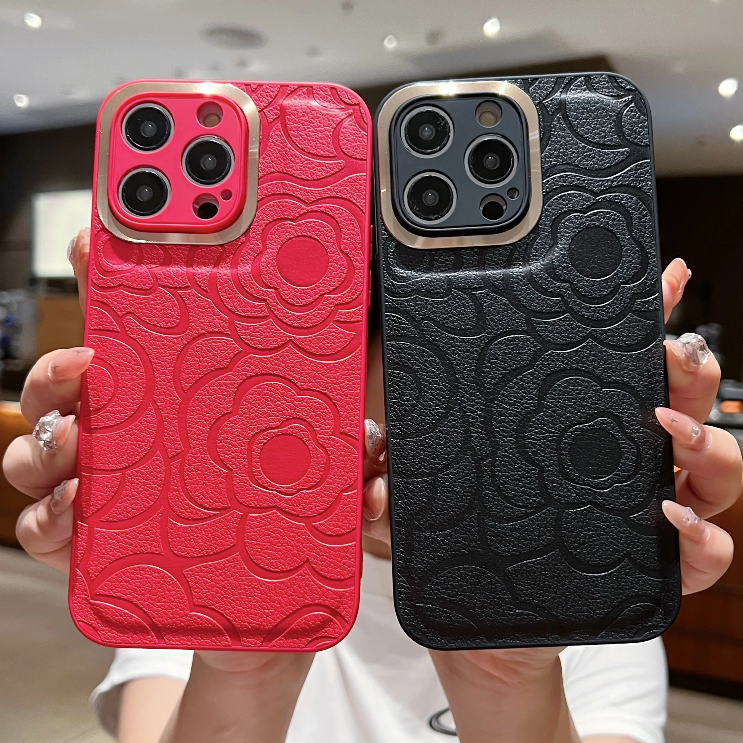 

Korean Cute Camellia Faux Leather Phone Case For iPhone 16 15 14 13 12 11 Pro Max 16 15 Plus Soft Shockproof Protective Cover