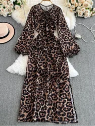 Autumn Elegant Women Leopard Print Long Sleeve Dress Casual Loose A-Line Slit Evening Dresses New Fashion Vintage Vestido Mujers