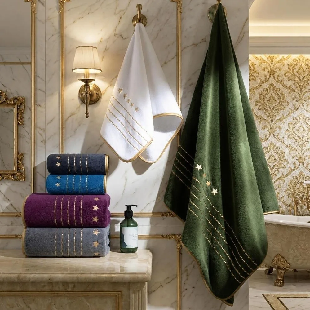 4pcs Absorbent Star Embroidered Towel Set Quick Dry Thickened Bath Towel Set Ultra Soft Coral Fleece Hand Towel Set Travel