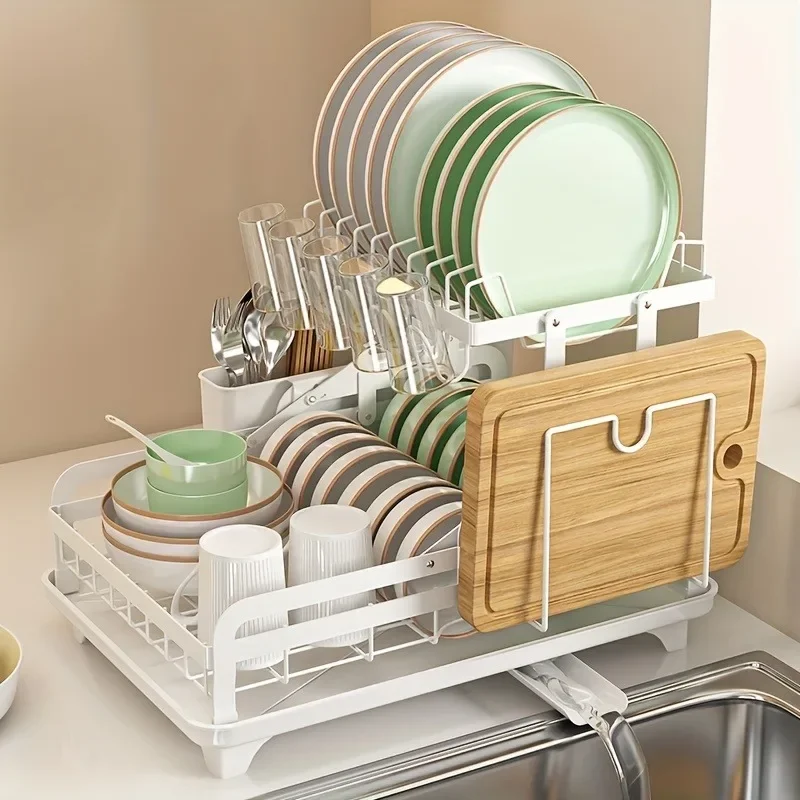 2 Tier Dish Drying Rack Kitchen Sink Organizer Chopstick Holder with Drain Basket Countertop Dinnerware Organizer Drainboard